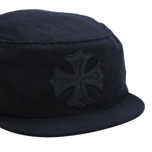 極美品 CHROME HEARTS クロムハーツ コンバットキャップ クロスパッチ U.S.A製 コットン レザー ブラック ワンサイズ 中古 4a008428