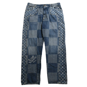 新品同様品 LOUIS VUITTON x NIGO ルイヴィトン ニゴ デニムパンツ ジャイアントダミエウェーブスモノグラム HJD10WUZC サイズ38 ブルー 4a008712