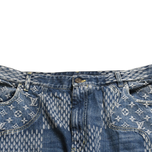 新品同様品 LOUIS VUITTON x NIGO ルイヴィトン ニゴ デニムパンツ ジャイアントダミエウェーブスモノグラム HJD10WUZC サイズ38 ブルー 4a008712