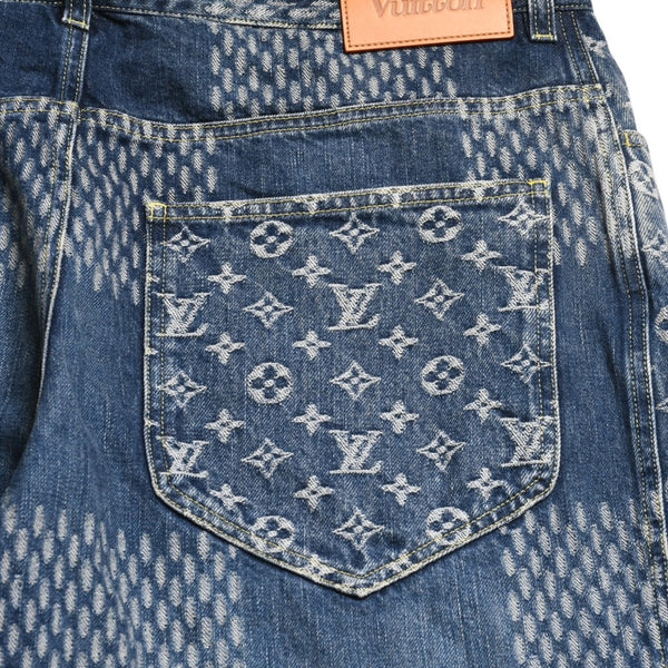 新品同様品 LOUIS VUITTON x NIGO ルイヴィトン ニゴ デニムパンツ ジャイアントダミエウェーブスモノグラム HJD10WUZC サイズ38 ブルー 4a008712