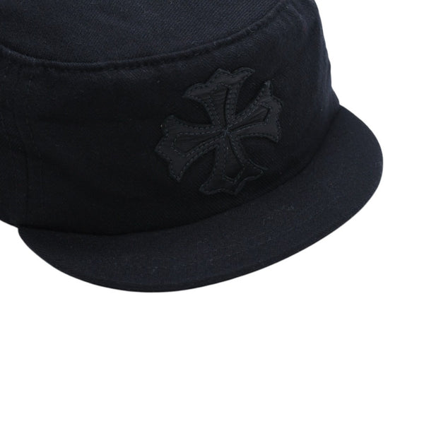 極美品 CHROME HEARTS クロムハーツ コンバットキャップ クロスパッチ U.S.A製 コットン レザー ブラック ワンサイズ 中古 4a008428