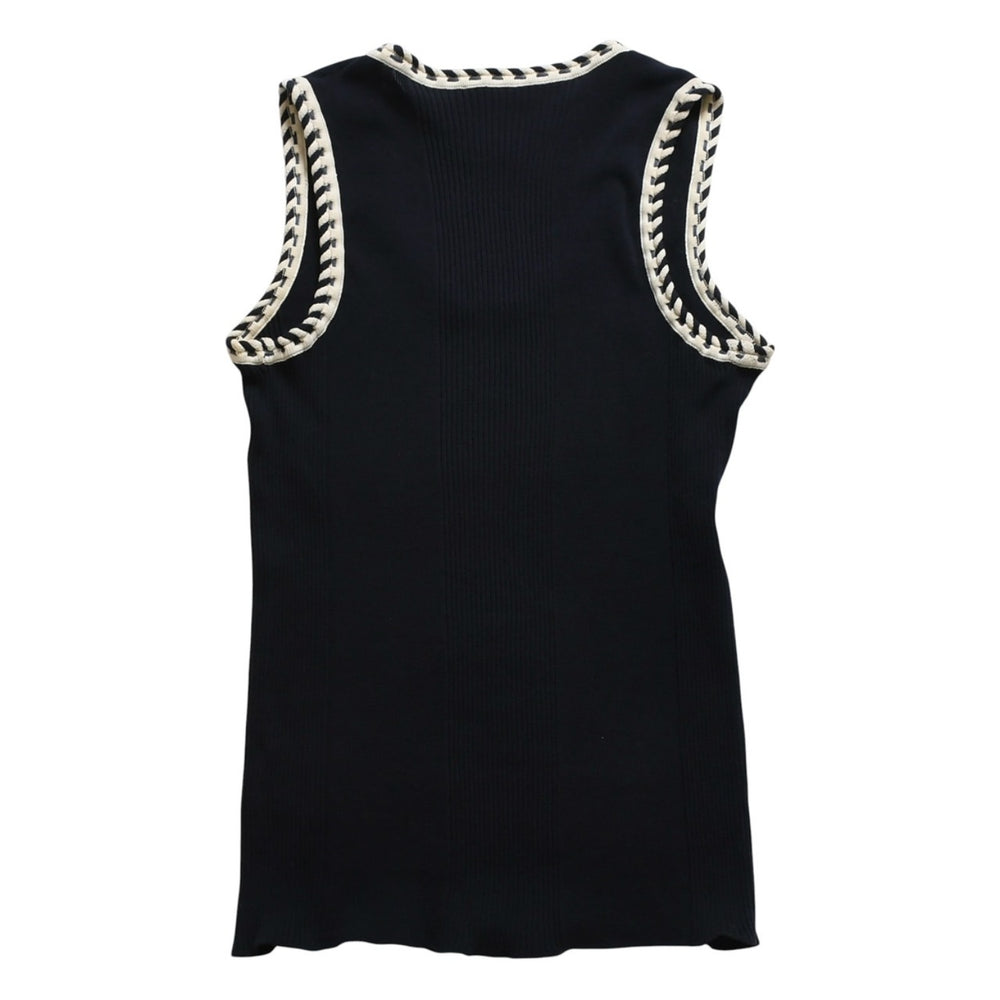 Like new CHANEL Ribbed Tank Top P28040K00039 Size 38 Coco Mark Punching Logo Navy Ivory Used 4a008644