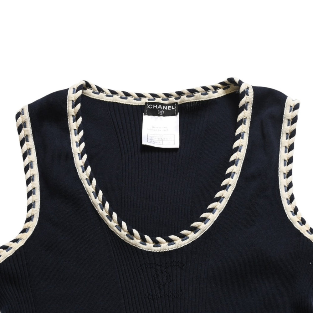 Like new CHANEL Ribbed Tank Top P28040K00039 Size 38 Coco Mark Punching Logo Navy Ivory Used 4a008644