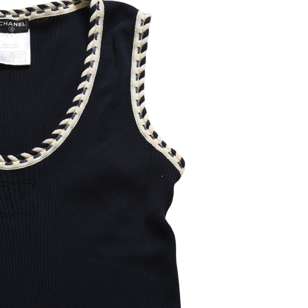 Like new CHANEL Ribbed Tank Top P28040K00039 Size 38 Coco Mark Punching Logo Navy Ivory Used 4a008644