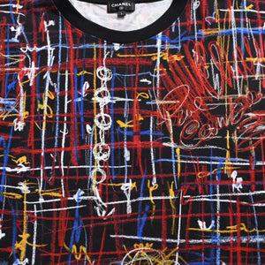 新品同様 CHANEL シャネル 半袖Tシャツ P80614K11706 サイズL ココマーク ラインストーン マルチカラー 総柄 中古 4a008733