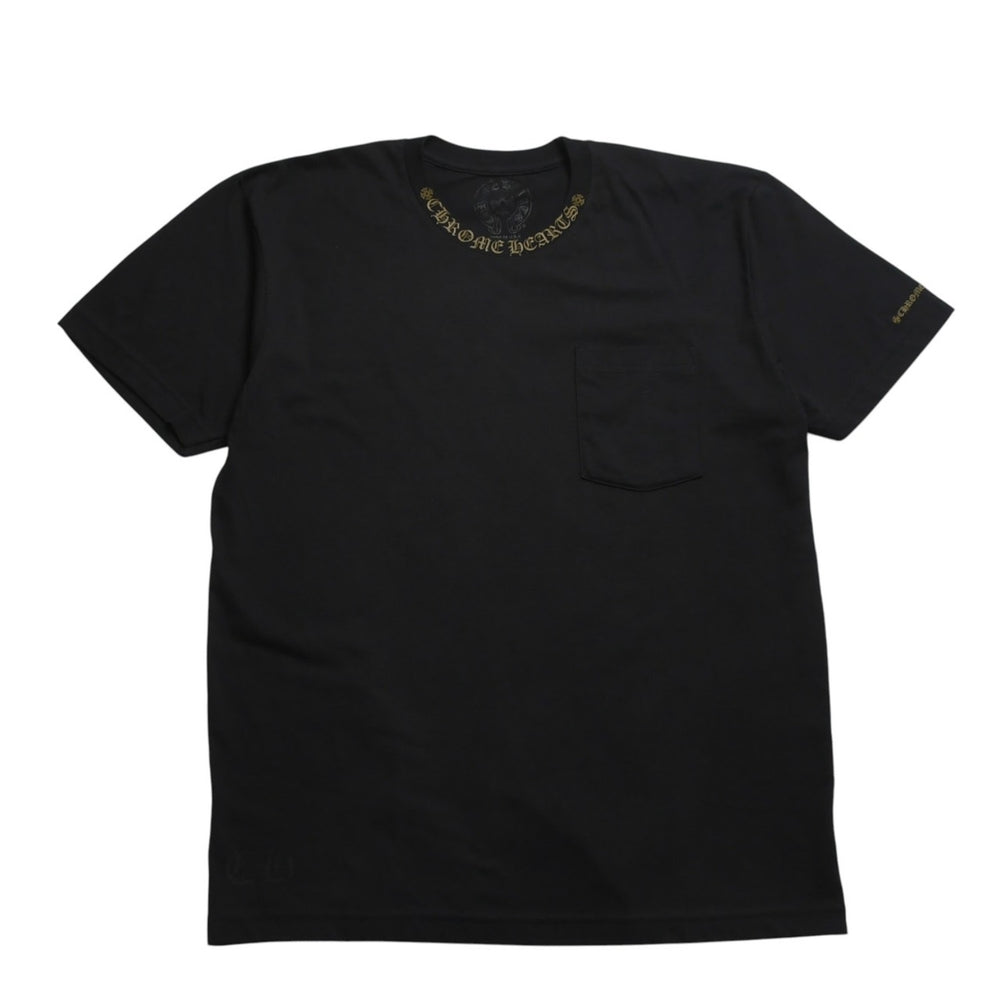 極美品 CHROME HEARTS クロムハーツ ネックロゴ 半袖Tシャツ サイズL スクロールラベルロゴ ブラック 新型 中古 4a009200