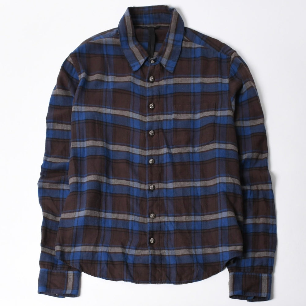 極美品 CHROME HEARTS クロムハーツ Y NOT CHプラス チェックシャツ 長袖シャツ レザー クロスパッチ クロスボール ブルー ブラウン サイズM 中古 4a008854