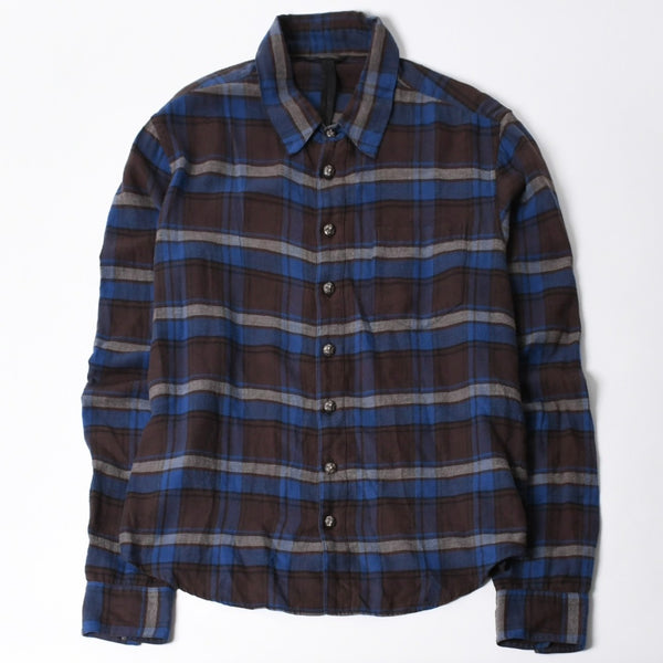 極美品 CHROME HEARTS クロムハーツ Y NOT CHプラス チェックシャツ 長袖シャツ レザー クロスパッチ クロスボール ブルー ブラウン サイズM 中古 4a008854