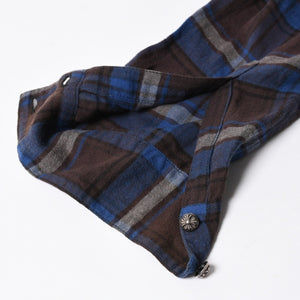 極美品 CHROME HEARTS クロムハーツ Y NOT CHプラス チェックシャツ 長袖シャツ レザー クロスパッチ クロスボール ブルー ブラウン サイズM 中古 4a008854