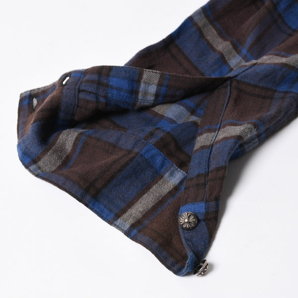 極美品 CHROME HEARTS クロムハーツ Y NOT CHプラス チェックシャツ 長袖シャツ レザー クロスパッチ クロスボール ブルー ブラウン サイズM 中古 4a008854