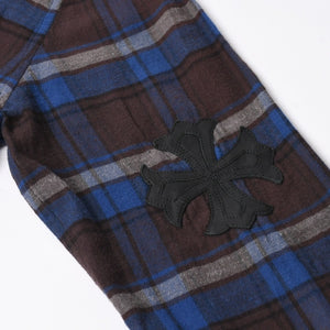 極美品 CHROME HEARTS クロムハーツ Y NOT CHプラス チェックシャツ 長袖シャツ レザー クロスパッチ クロスボール ブルー ブラウン サイズM 中古 4a008854