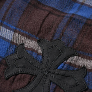 極美品 CHROME HEARTS クロムハーツ Y NOT CHプラス チェックシャツ 長袖シャツ レザー クロスパッチ クロスボール ブルー ブラウン サイズM 中古 4a008854