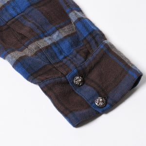 極美品 CHROME HEARTS クロムハーツ Y NOT CHプラス チェックシャツ 長袖シャツ レザー クロスパッチ クロスボール ブルー ブラウン サイズM 中古 4a008854