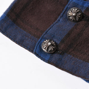 極美品 CHROME HEARTS クロムハーツ Y NOT CHプラス チェックシャツ 長袖シャツ レザー クロスパッチ クロスボール ブルー ブラウン サイズM 中古 4a008854
