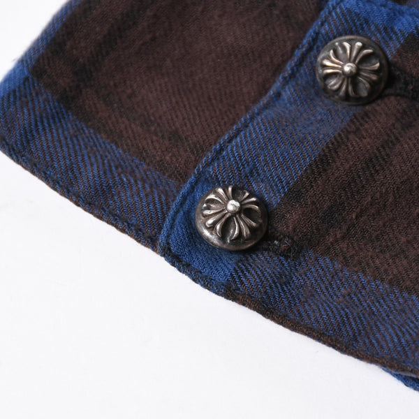 極美品 CHROME HEARTS クロムハーツ Y NOT CHプラス チェックシャツ 長袖シャツ レザー クロスパッチ クロスボール ブルー ブラウン サイズM 中古 4a008854