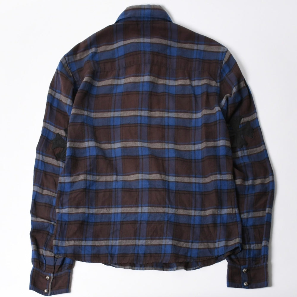 極美品 CHROME HEARTS クロムハーツ Y NOT CHプラス チェックシャツ 長袖シャツ レザー クロスパッチ クロスボール ブルー ブラウン サイズM 中古 4a008854