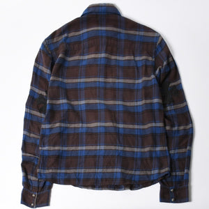 極美品 CHROME HEARTS クロムハーツ Y NOT CHプラス チェックシャツ 長袖シャツ レザー クロスパッチ クロスボール ブルー ブラウン サイズM 中古 4a008854