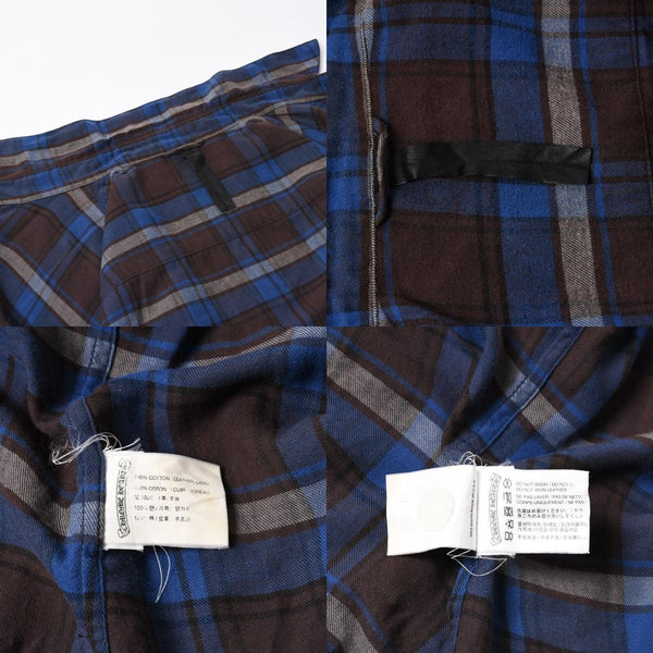極美品 CHROME HEARTS クロムハーツ Y NOT CHプラス チェックシャツ 長袖シャツ レザー クロスパッチ クロスボール ブルー ブラウン サイズM 中古 4a008854