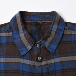 極美品 CHROME HEARTS クロムハーツ Y NOT CHプラス チェックシャツ 長袖シャツ レザー クロスパッチ クロスボール ブルー ブラウン サイズM 中古 4a008854