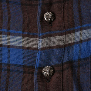 極美品 CHROME HEARTS クロムハーツ Y NOT CHプラス チェックシャツ 長袖シャツ レザー クロスパッチ クロスボール ブルー ブラウン サイズM 中古 4a008854