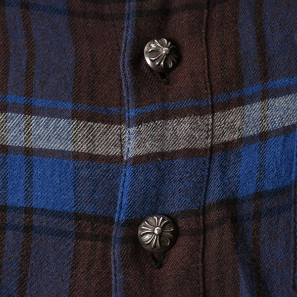 極美品 CHROME HEARTS クロムハーツ Y NOT CHプラス チェックシャツ 長袖シャツ レザー クロスパッチ クロスボール ブルー ブラウン サイズM 中古 4a008854