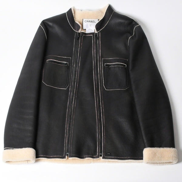極美品 CHANEL シャネル ムートンジャケット ジャケット Shearling Jacket シアリングジャケット P24654V01741 サイズ50 グレー ブラック 中古 4a008724