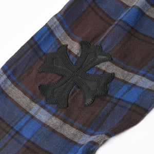 極美品 CHROME HEARTS クロムハーツ Y NOT CHプラス チェックシャツ 長袖シャツ レザー クロスパッチ クロスボール ブルー ブラウン サイズM 中古 4a008854
