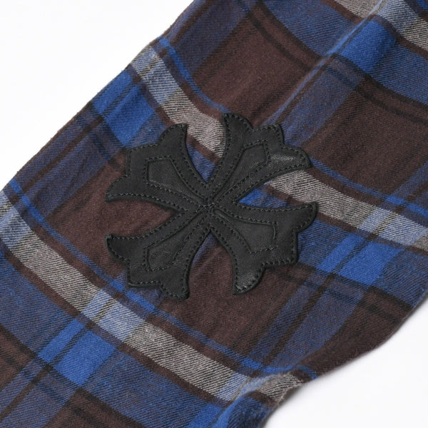 極美品 CHROME HEARTS クロムハーツ Y NOT CHプラス チェックシャツ 長袖シャツ レザー クロスパッチ クロスボール ブルー ブラウン サイズM 中古 4a008854