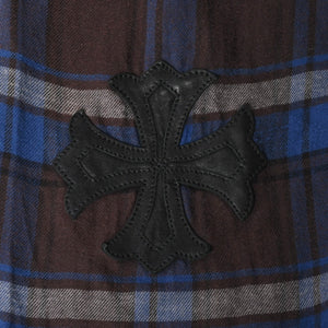 極美品 CHROME HEARTS クロムハーツ Y NOT CHプラス チェックシャツ 長袖シャツ レザー クロスパッチ クロスボール ブルー ブラウン サイズM 中古 4a008854