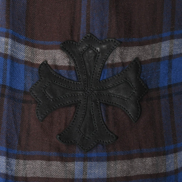 極美品 CHROME HEARTS クロムハーツ Y NOT CHプラス チェックシャツ 長袖シャツ レザー クロスパッチ クロスボール ブルー ブラウン サイズM 中古 4a008854