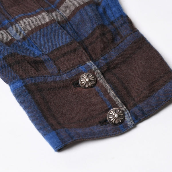 極美品 CHROME HEARTS クロムハーツ Y NOT CHプラス チェックシャツ 長袖シャツ レザー クロスパッチ クロスボール ブルー ブラウン サイズM 中古 4a008854