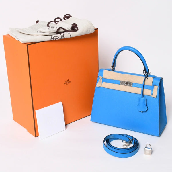 新品同様 HERMES エルメス KELLY ケリー25 2WAYハンドバッグ 外縫い エプソン ブルーフリーダ Z刻印 中古 4a008877