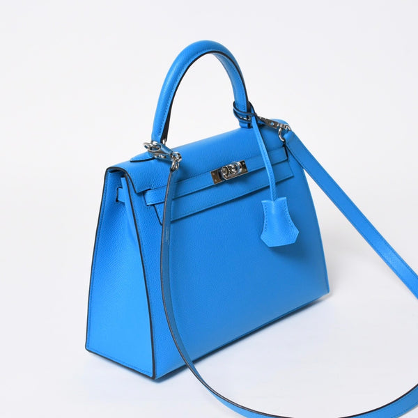 新品同様 HERMES エルメス KELLY ケリー25 2WAYハンドバッグ 外縫い エプソン ブルーフリーダ Z刻印 中古 4a008877