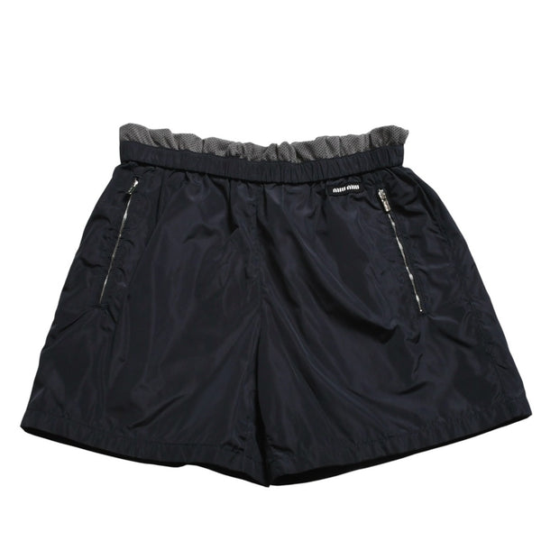 新品未使用品 MIU MIU ミュウミュウ ナイロンパンツ ショートパンツ ネイビー グレー シルバー金具 MP1880 S000 1216 サイズ36 中古 4a008888