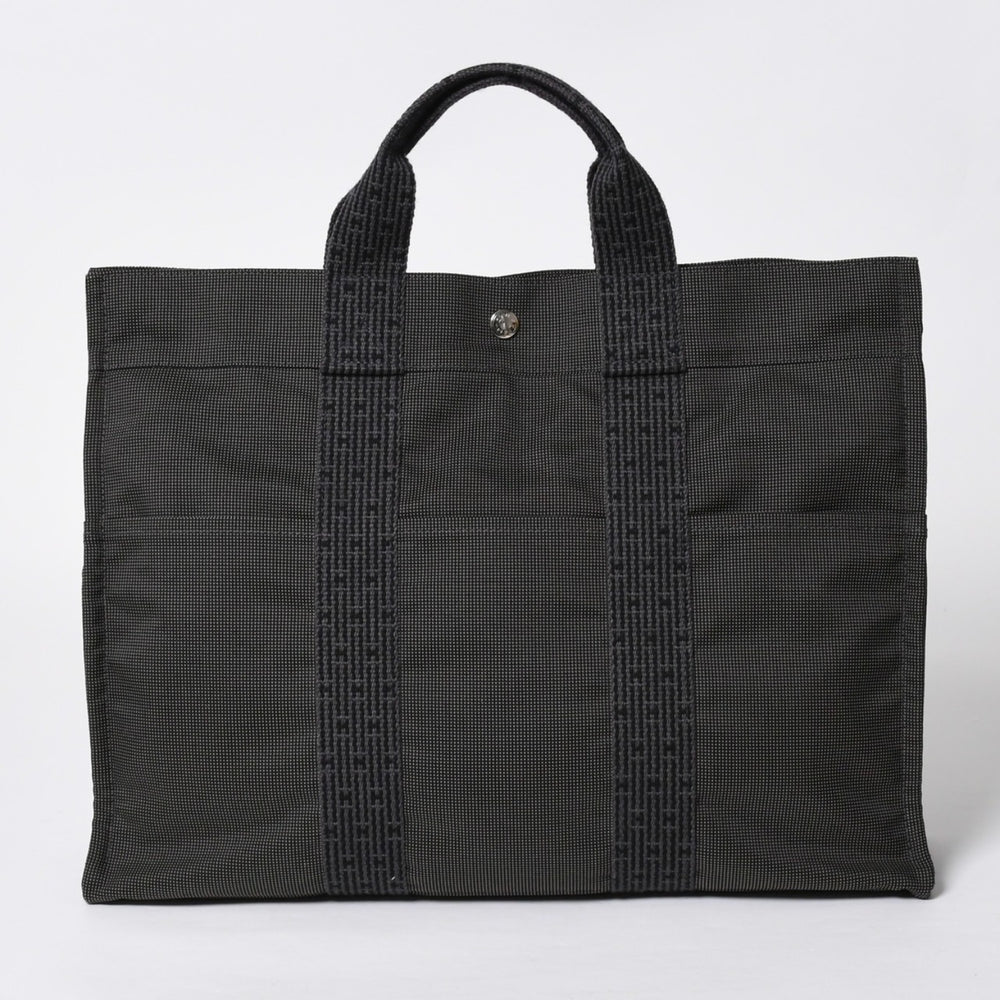 極美品 HERMES エルメス エールライン トート MM ハンドバッグ キャンバス グレー ブラック シルバー金具 中古 4a008892