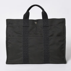 極美品 HERMES エルメス エールライン トート MM ハンドバッグ キャンバス グレー ブラック シルバー金具 中古 4a008892