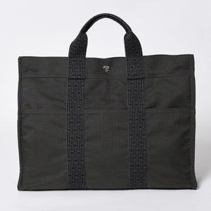 極美品 HERMES エルメス エールライン トート MM ハンドバッグ キャンバス グレー ブラック シルバー金具 中古 4a008892