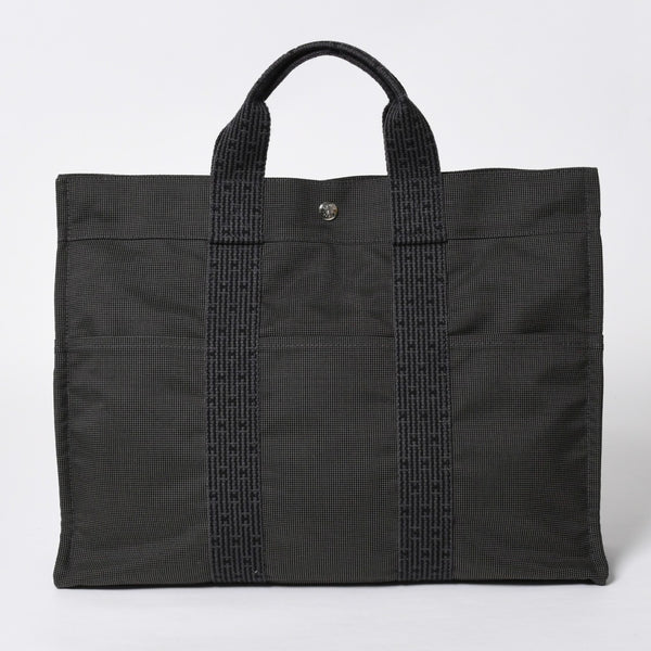 極美品 HERMES エルメス エールライン トート MM ハンドバッグ キャンバス グレー ブラック シルバー金具 中古 4a008892