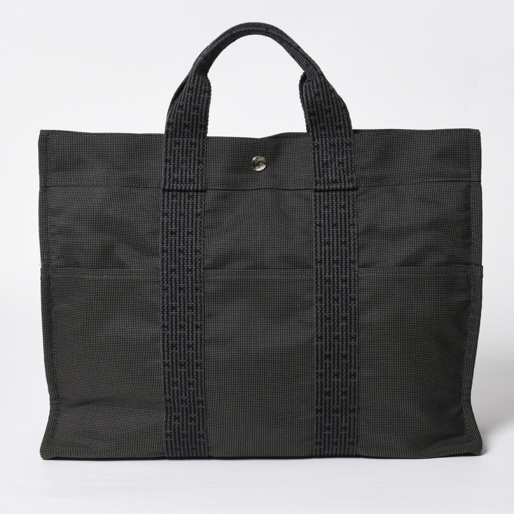 極美品 HERMES エルメス エールライン トート MM ハンドバッグ キャンバス グレー ブラック シルバー金具 中古 4a008892