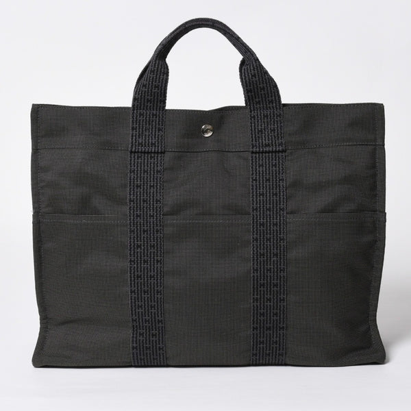 極美品 HERMES エルメス エールライン トート MM ハンドバッグ キャンバス グレー ブラック シルバー金具 中古 4a008892