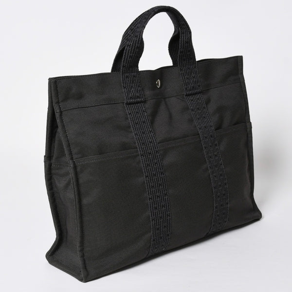 極美品 HERMES エルメス エールライン トート MM ハンドバッグ キャンバス グレー ブラック シルバー金具 中古 4a008892