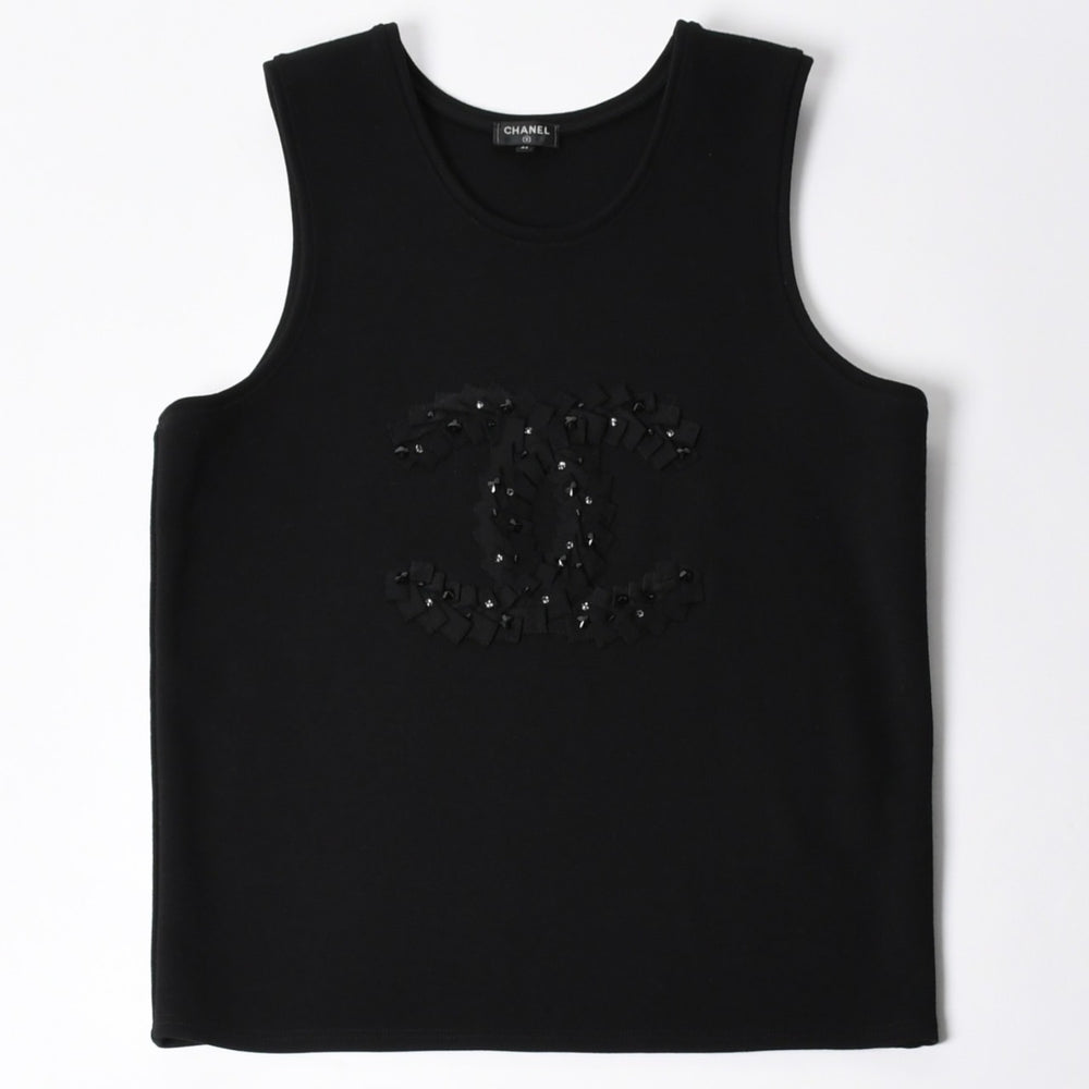Like new CHANEL Tank Top Men's Camellia Coco Mark P64484 Made in Italy Wool Rhinestone Black Size 46 Used 4a008663