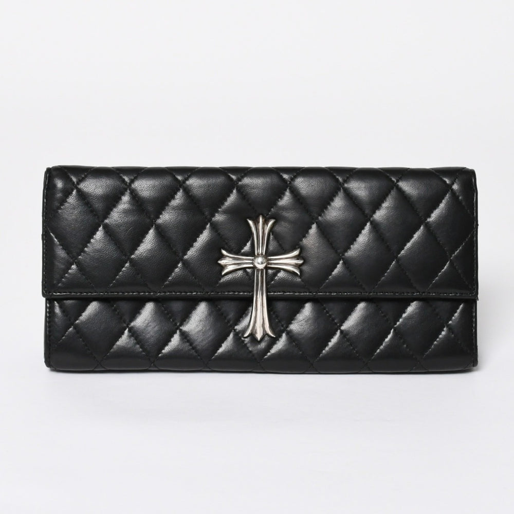 極美品 CHROME HEARTS クロムハーツ ディナーバッグ クラッチバッグ ラージクロス ラムスキン ブラック マトラッセ型 中古 4a008345