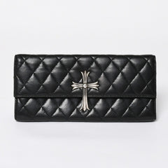 極美品 CHROME HEARTS クロムハーツ ディナーバッグ クラッチバッグ ラージクロス ラムスキン ブラック マトラッセ型 中古 4a008345