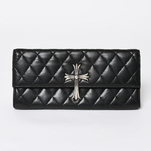 極美品 CHROME HEARTS クロムハーツ ディナーバッグ クラッチバッグ ラージクロス ラムスキン ブラック マトラッセ型 中古 4a008345
