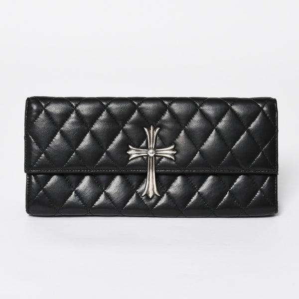 極美品 CHROME HEARTS クロムハーツ ディナーバッグ クラッチバッグ ラージクロス ラムスキン ブラック マトラッセ型 中古 4a008345