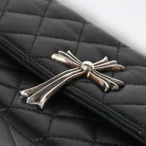 極美品 CHROME HEARTS クロムハーツ ディナーバッグ クラッチバッグ ラージクロス ラムスキン ブラック マトラッセ型 中古 4a008345