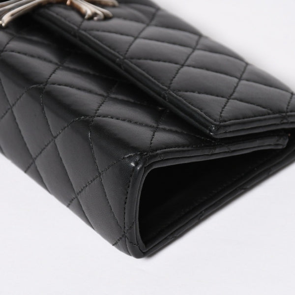極美品 CHROME HEARTS クロムハーツ ディナーバッグ クラッチバッグ ラージクロス ラムスキン ブラック マトラッセ型 中古 4a008345
