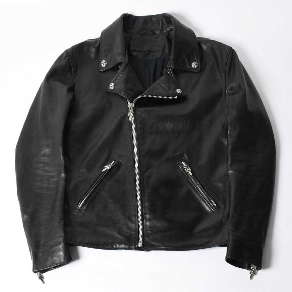 極美品 CHROME HEARTS クロムハーツ DSMG 限定 ジャケット レザージャケット ベーシックモト ブラック ホースレザー シルバー金具 サイズM 中古 4a008602