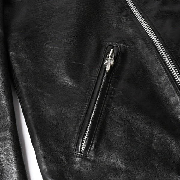 極美品 CHROME HEARTS クロムハーツ DSMG 限定 ジャケット レザージャケット ベーシックモト ブラック ホースレザー シルバー金具 サイズM 中古 4a008602